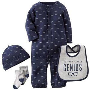 Mommy's Little Genius Gown Cap Socks Bib Baby Boys 4-pc Perfect Gentleman Gift